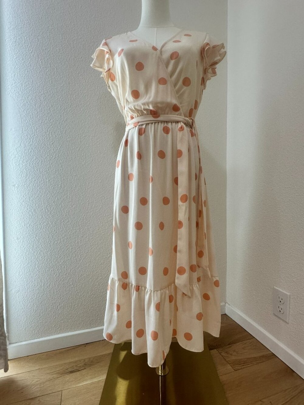 LC Lauren Conrad Cream Peach Polka Dot Wrap Midi Dress Size S Ruffle Belted